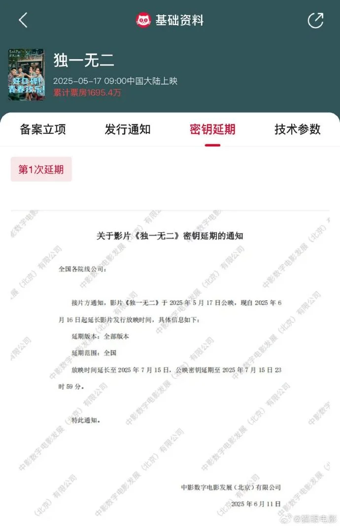 《独一无二》密钥延期至7月15日 累计票房1695.4万