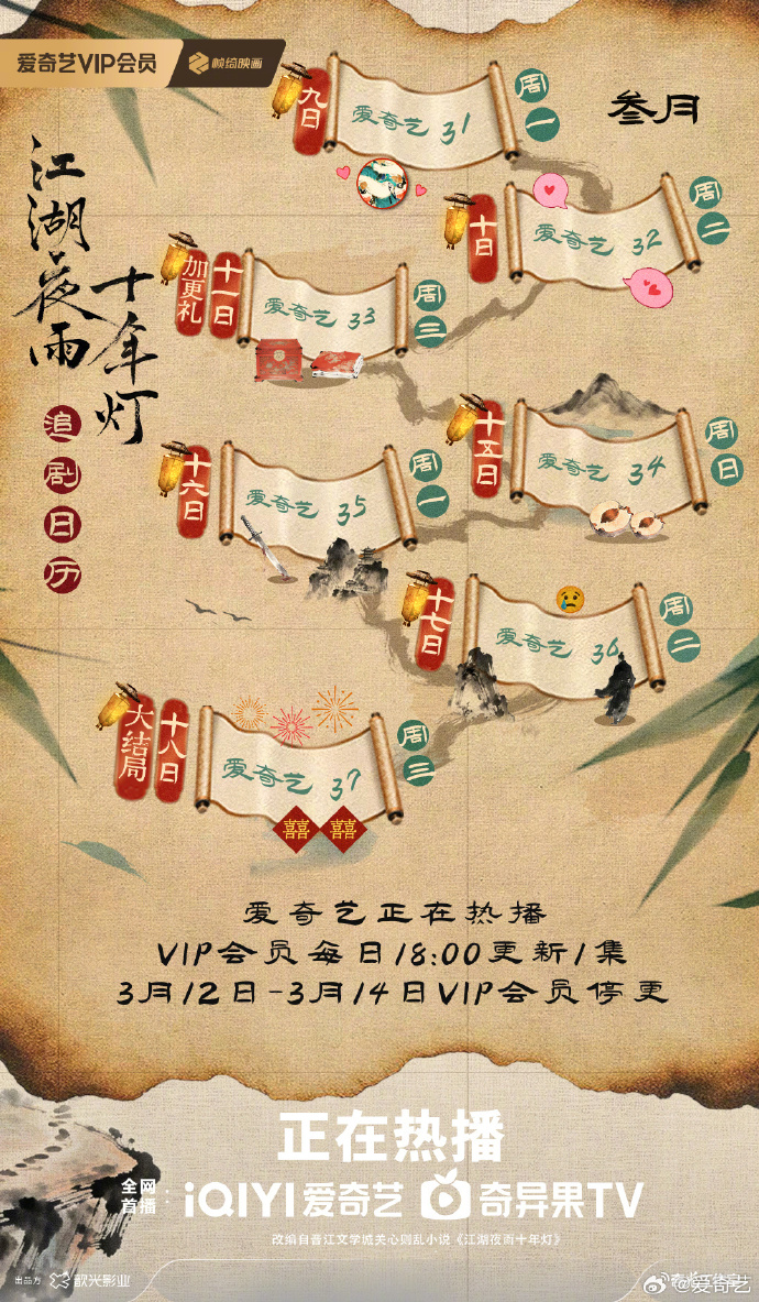 古装武侠剧《江湖夜雨十年灯》追剧日历更新 3月12-14日停更